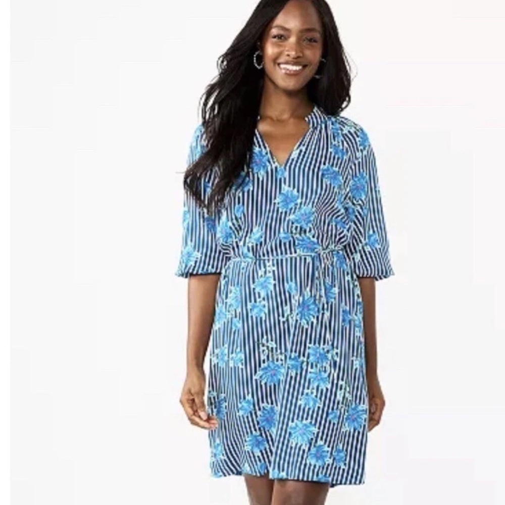 Draper James 3/4 Sleeve V Neck Smocked Sleeve Floral Stripes Dress Size XL New